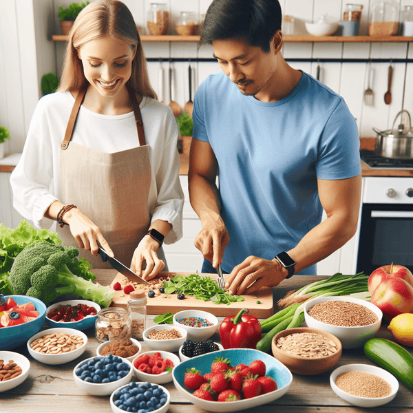 A bright, modern kitchen filled with natural light features a Caucasian female and an Asian male joyfully preparing a healthy meal together. They are standing s