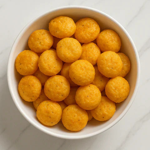 Schoolyard Snacks’ Cheddar and Sour Cream protein pops served in a white bowl on a countertop.
