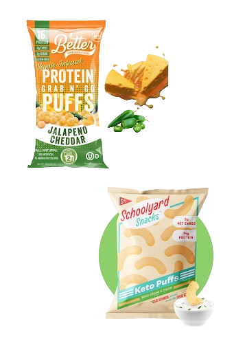 Schoolyard Snacks’ Jalapeno Cheddar protein chips and Sour Cream and Onion protein puffs placed side by side.