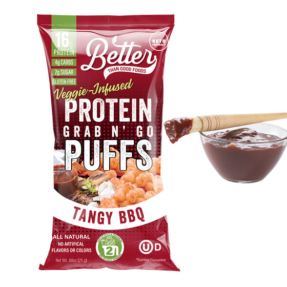 A bag of Schoolyard Snacks' tangy BBQ protein puffs with 16g of protein.