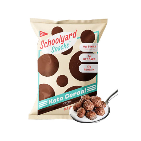 Schoolyard Snacks Chocolate Protein Cereal, a keto-friendly snack with 16g of protein and 1g carbs.
