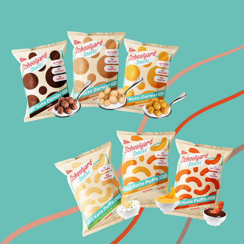 Assorted Schoolyard Snacks Variety Trial Pack featuring keto-friendly cereals, puffs, and chips in multiple flavors.