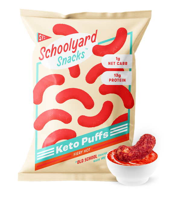 Bag of Schoolyard Snacks’ Fiery Hot Keto Protein Puffs—spicy, crunchy, and keto-friendly with low carbs and high protein.
