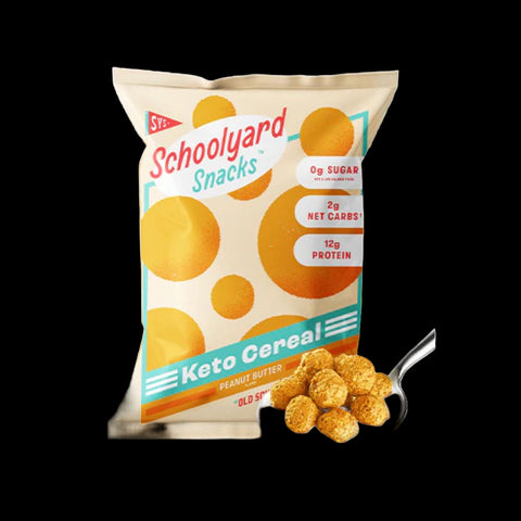 A bowl of Schoolyard Snacks Protein Cereal with milk, showcasing its crunchy texture and high-protein ingredients.